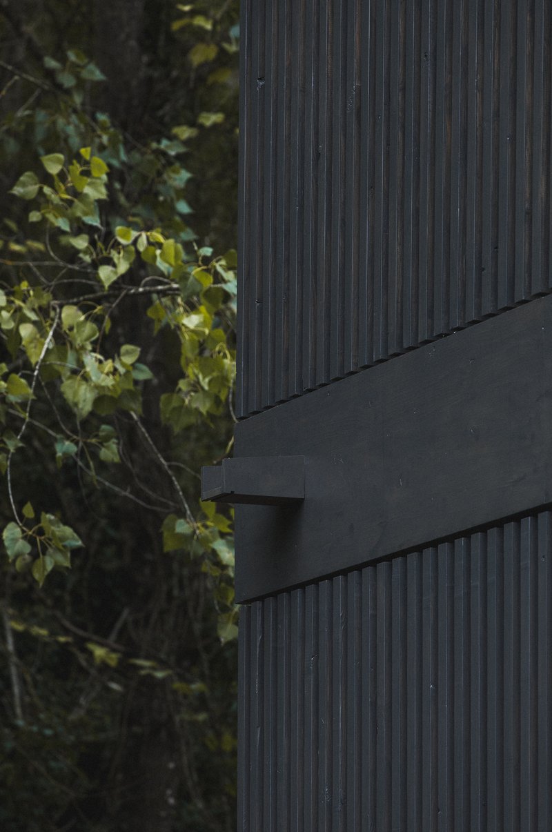 Dark corrugated metal siding with horizontal band detail against leafy green foliage
