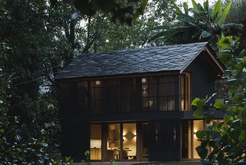 Dark timber slat facade with illuminated glazed openings at dusk surrounded by dense foliage and banana plants