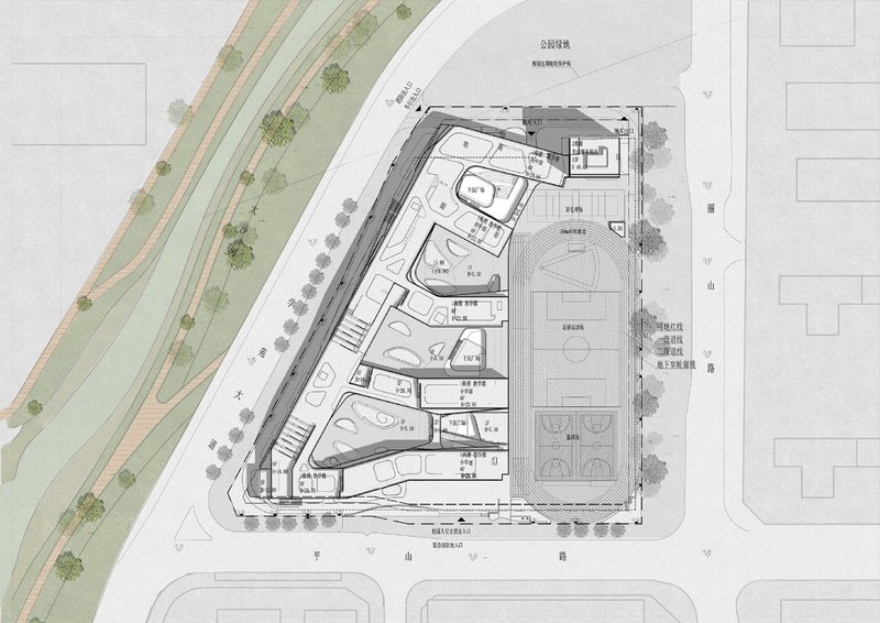 Site plan drawing showing a triangular building footprint with rooftop courts and adjacent green space