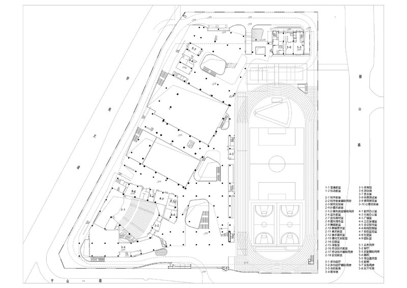 Ground floor plan drawing showing the angled building perimeter enclosing outdoor courts and sports fields