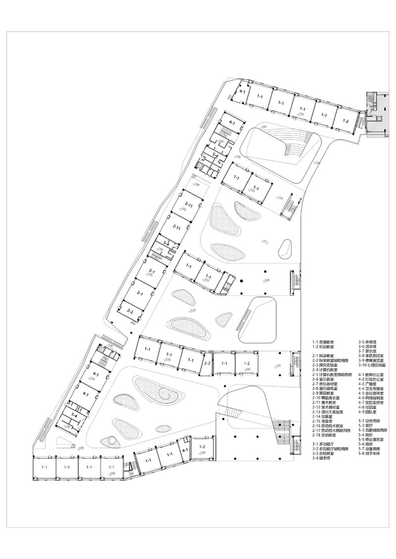 Upper floor plan drawing depicting classrooms along the perimeter and landscaped courtyard islands at center