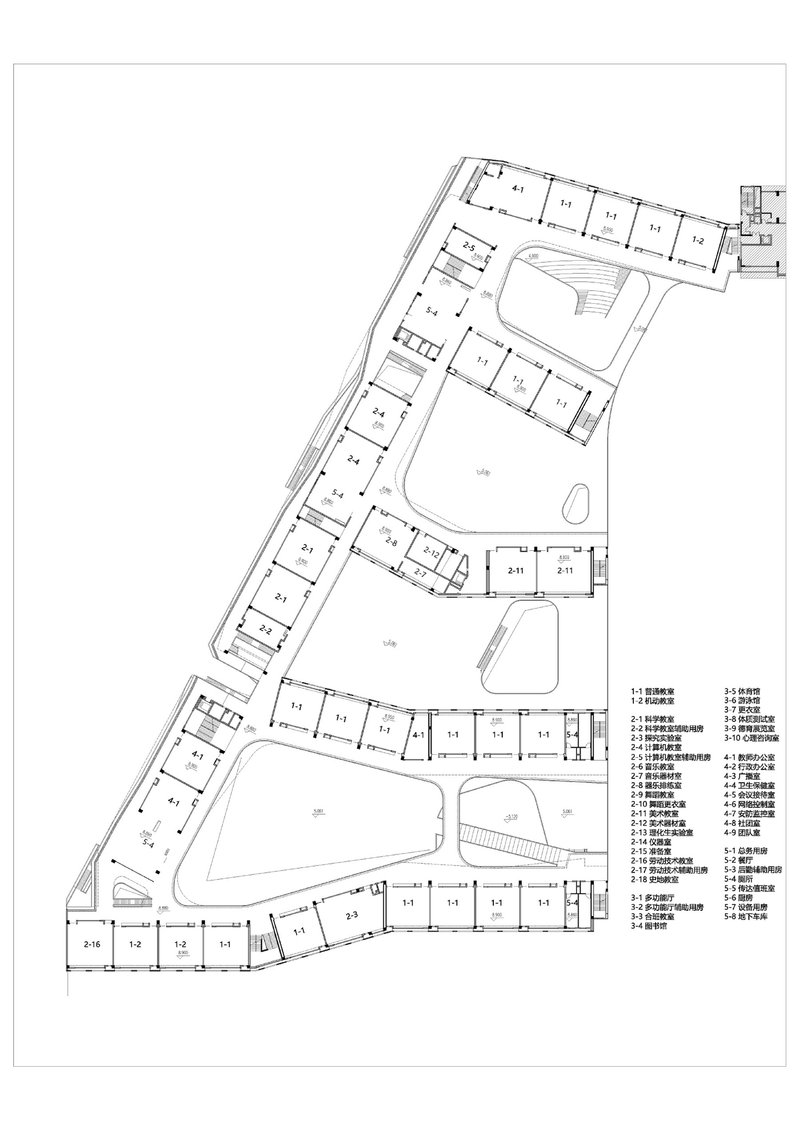 Floor plan drawing showing an angular perimeter of classrooms enclosing three organic courtyards