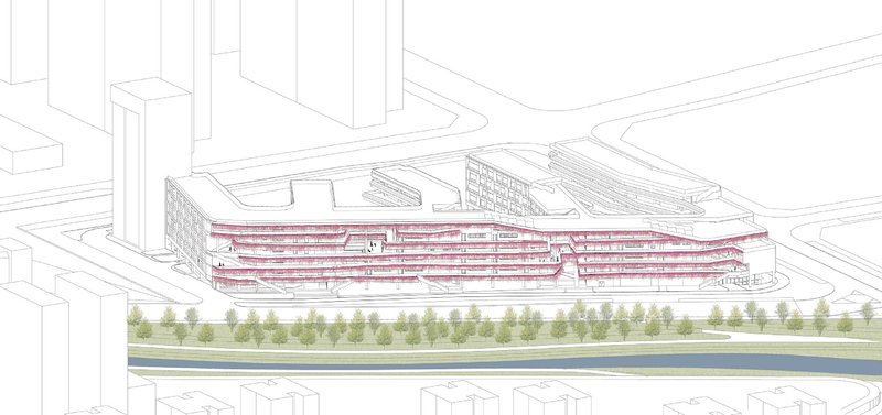 Section drawing showing the terraced volumes beside a waterway lined with trees