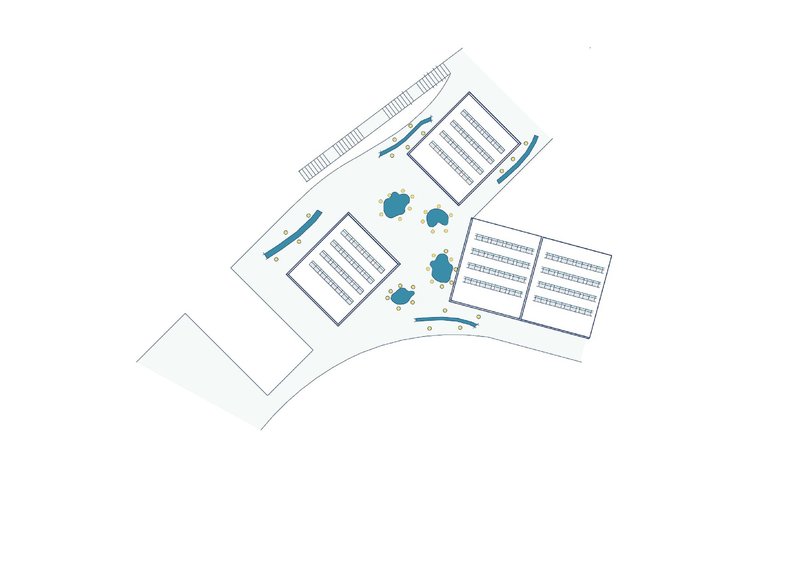 Axonometric plan view showing four angled classroom blocks around landscaped courtyards with pools
