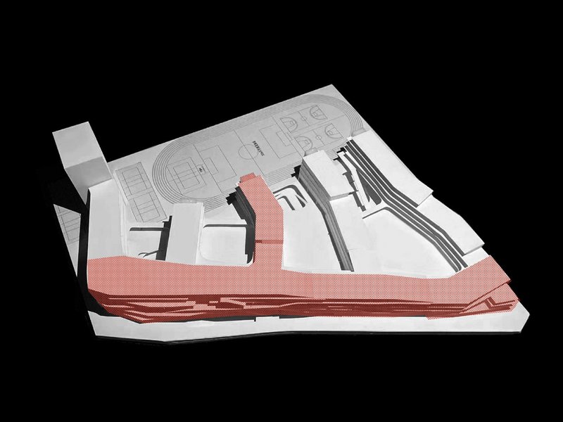 Section model showing layered underground structure highlighted in terracotta beneath a white massing with plan overlay