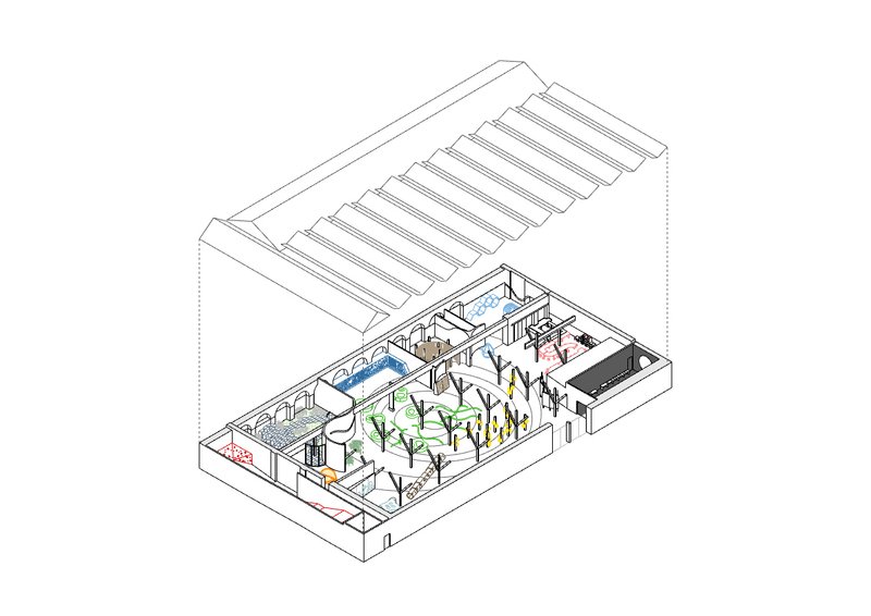 Isometric drawing showing a single-story interior with planted courtyard, skylights and diverse programmatic zones