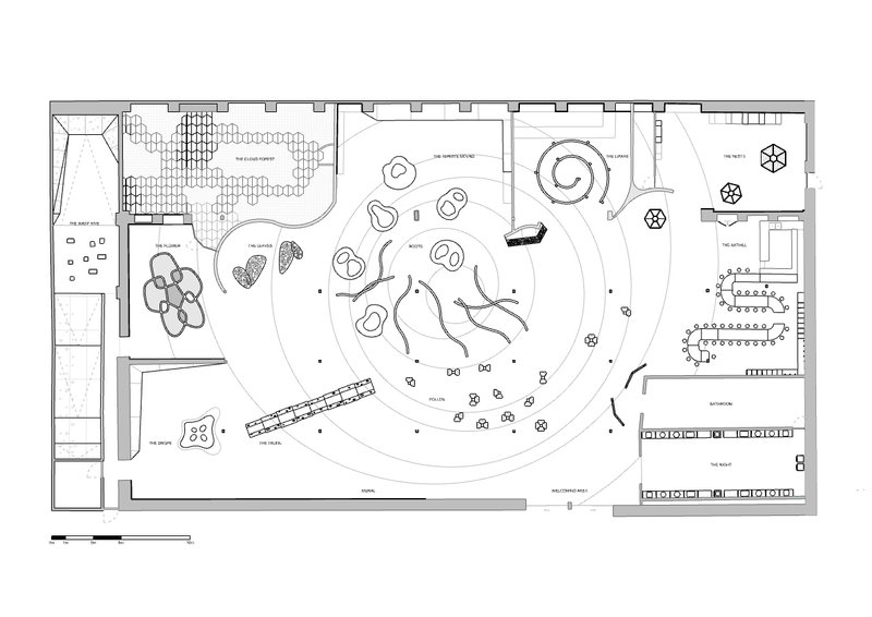 Floor plan drawing displaying circular zones with organic play elements and gridded functional areas around the perimeter
