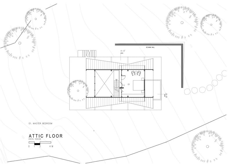 Attic floor plan drawing showing the upper level bedroom within the sloped roof geometry