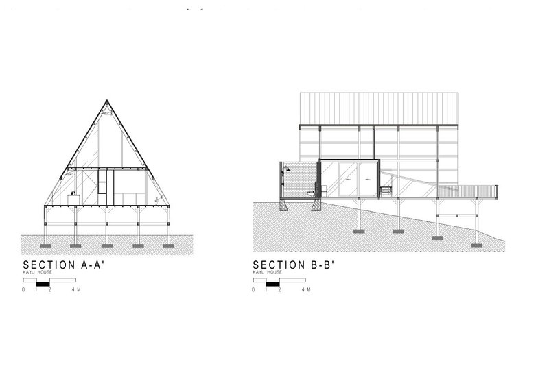 Section drawings showing the steep triangular profile and the stacked floor levels on sloped terrain