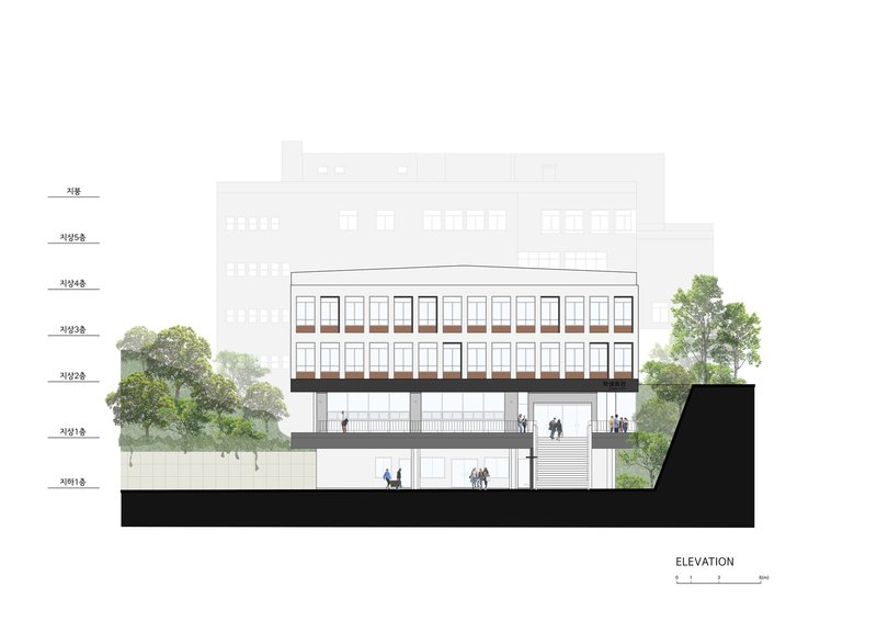 Elevation drawing showing stacked floors with fenestration, figures, trees and adjacent structures