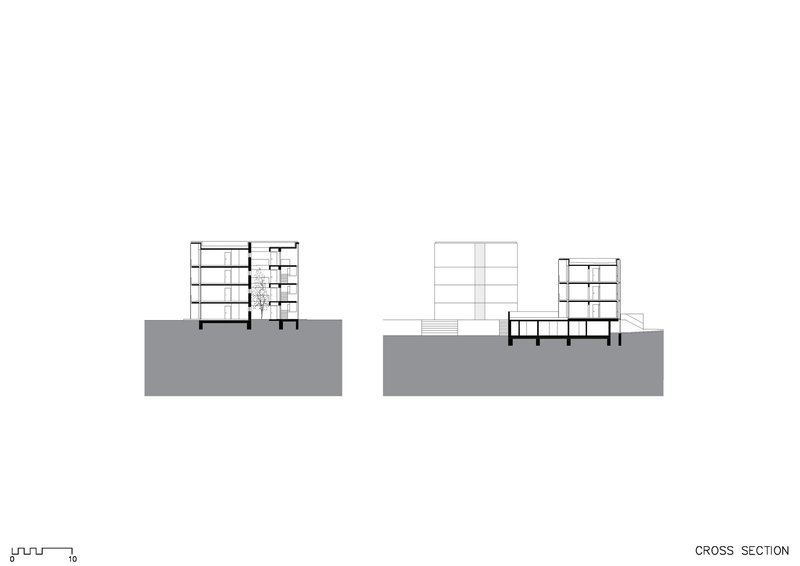 Cross section drawing showing multi-story residential blocks with varying heights on sloped terrain