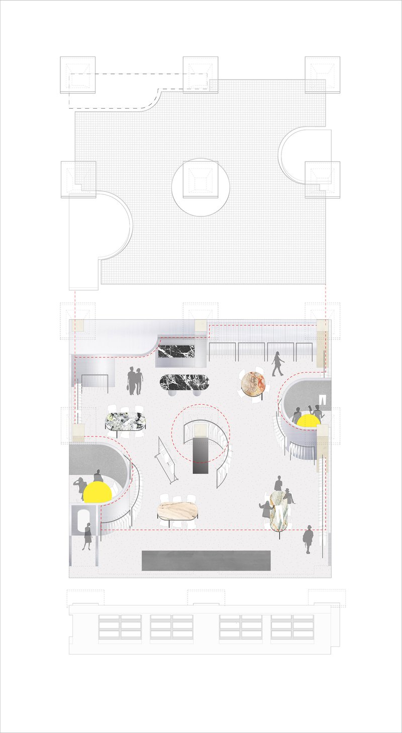 Plan and rendered plan drawings showing a public space with figures, curved seating, and yellow accent elements