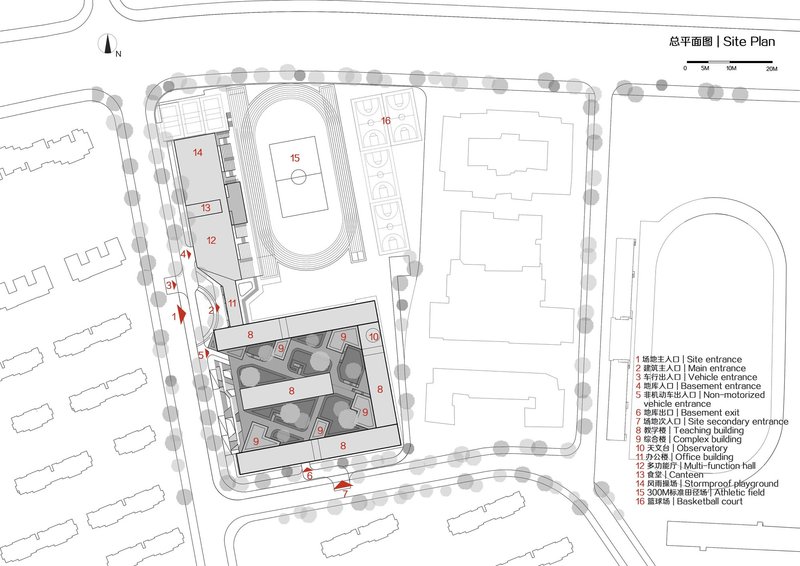 Site plan drawing depicting buildings arranged around sports courts and outdoor recreational areas