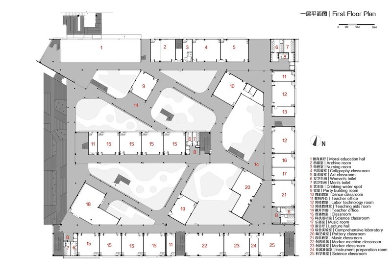First floor plan showing classrooms arranged around angular interior courtyards and circulation paths