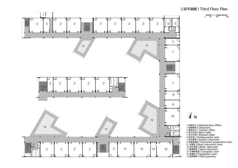 Third floor plan with repetitive classroom wings flanking angled rooftop terraces and open spaces