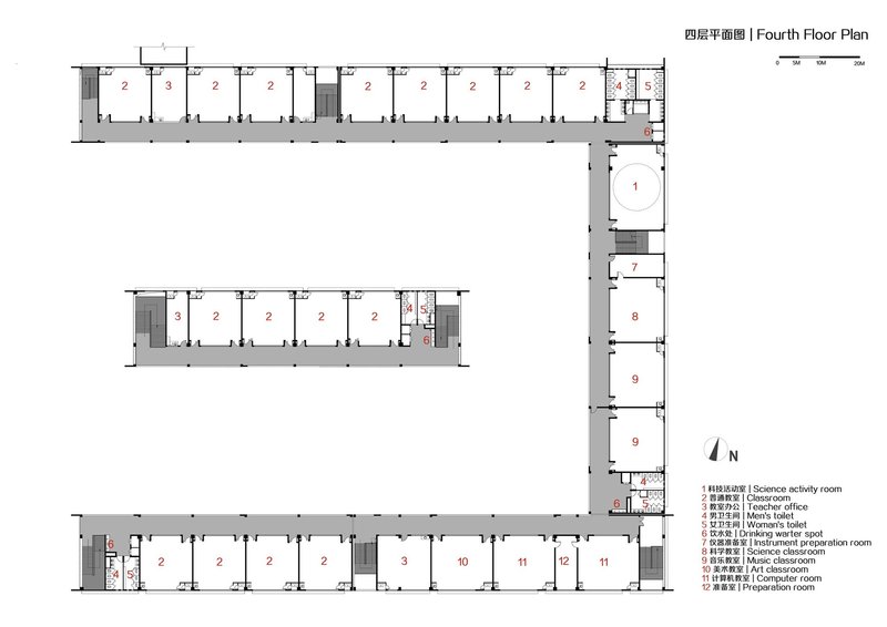 Fourth floor plan showing three linear wings of classrooms with central circulation cores