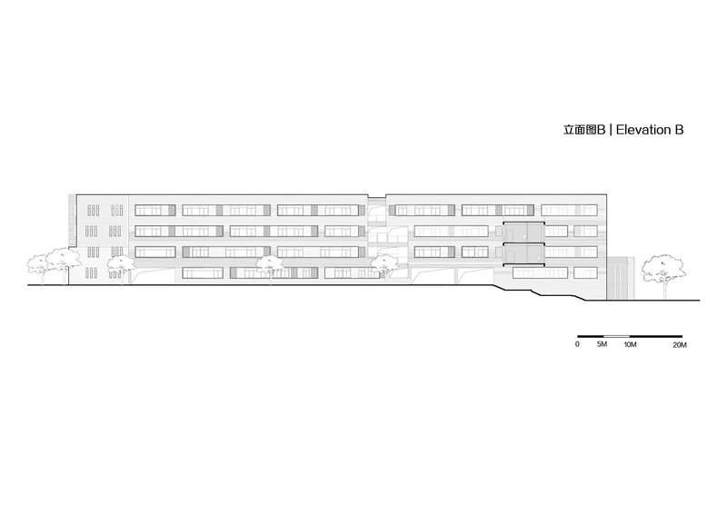 Elevation drawing depicting a terraced multi-story facade with horizontal bands of windows and flanking trees