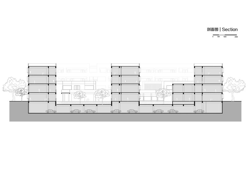 Section drawing showing three tower volumes of varying heights connected by lower volumes with trees between