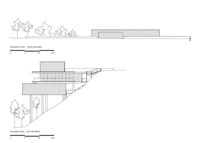 The image presents two architectural elevations, a north elevation and an east elevation, showcasing