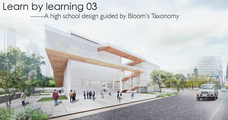Ground-level view highlighting the elevated volume and stepped circulation, creating a porous threshold between the city and learning environment.