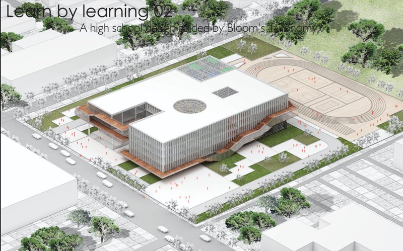 Aerial axonometric illustrating the school’s compact massing, integrated landscape, and relationship between academic blocks and outdoor activity zones.