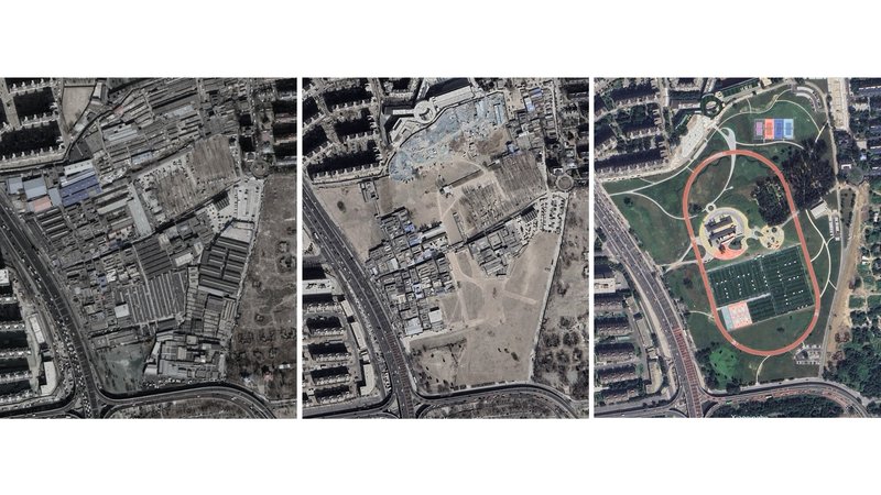 Aerial site plan sequence showing transformation from industrial site to sports complex with running tracks