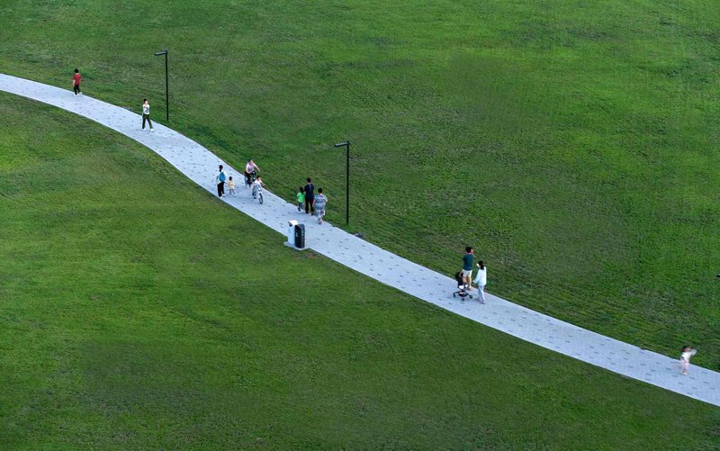 Aerial view of a diagonal concrete path cutting through a sloped lawn with pedestrians and lamp posts