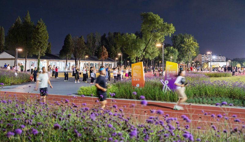 Night view of the running track with colorful signage and purple flowering beds under streetlights