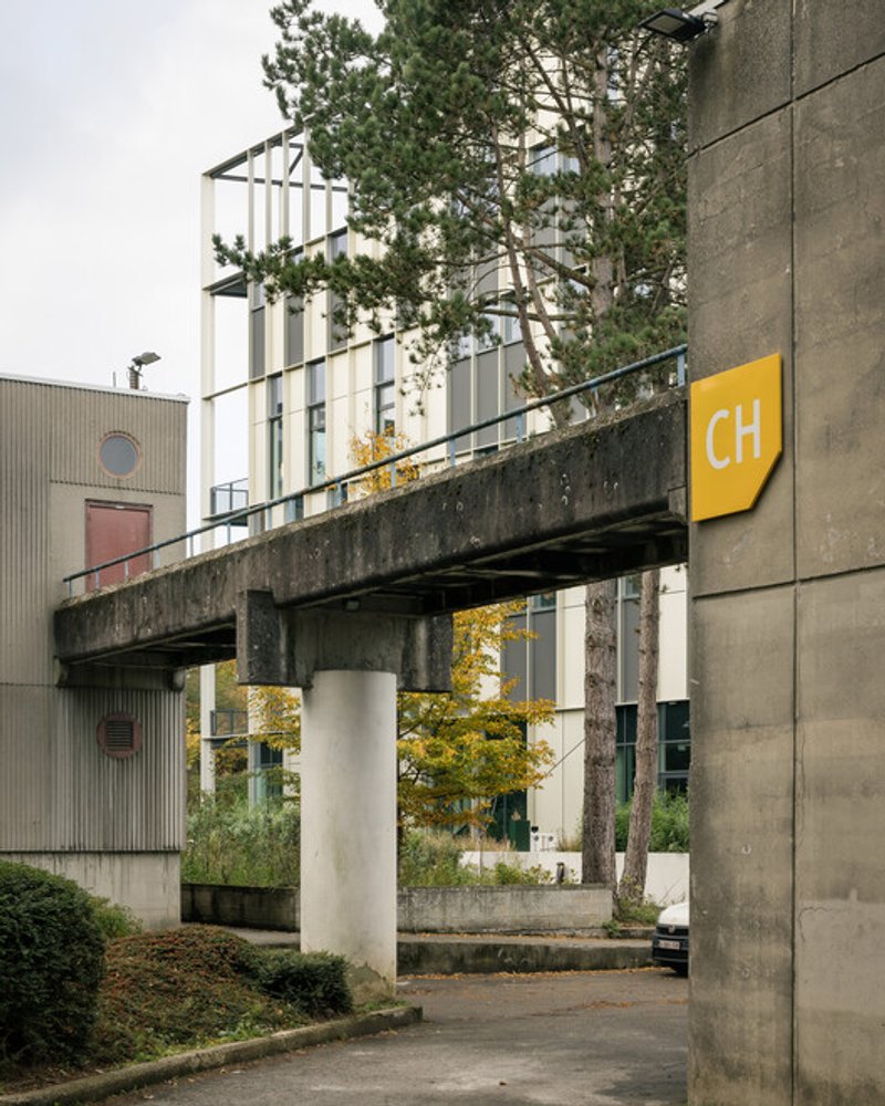 Service stair: existing concrete stair with a yellow-door lift tower reconnecting the old campus building to the new centre