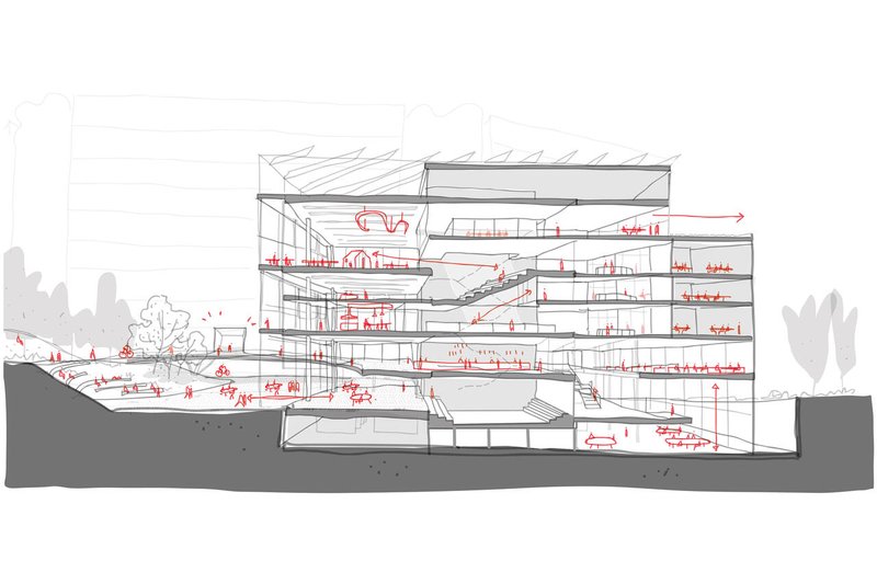 Section drawing: annotated cut through the building showing the exterior amphitheatre at left, the rotunda atrium at centre, upper reading rooms, and circulation cores with coloured markup