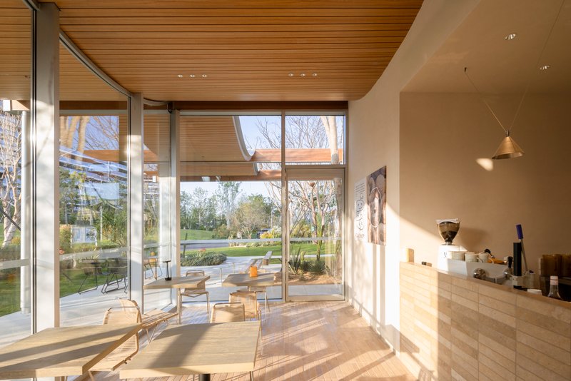 Interior dining space with slatted timber ceiling and floor-to-ceiling glazing overlooking parkland in afternoon sun
