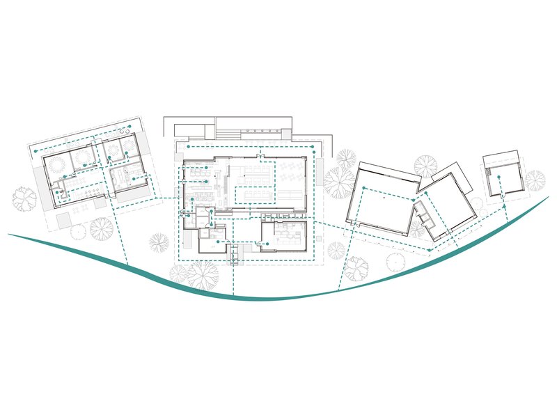 Site plan drawing showing multiple pavilions arranged along a curving waterfront with tree symbols
