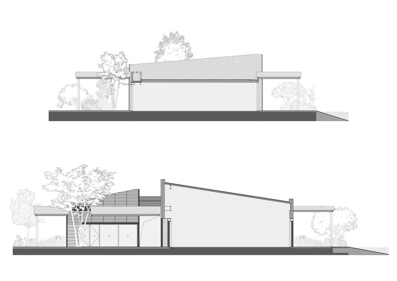 Elevation drawings depicting low-slung structures with sloped roofs and surrounding vegetation
