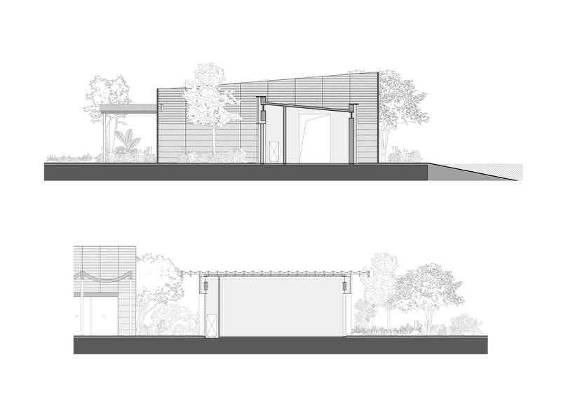 Elevation drawings showing horizontal slatted facade and large portal openings with trees