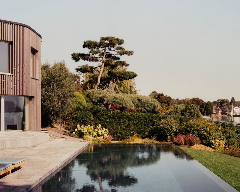 Infinity pool beside a timber-clad volume with a mature pine tree on the landscaped slope
