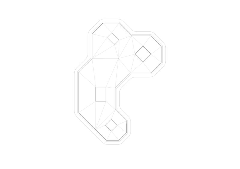 Roof plan drawing showing the three-lobed perimeter with central skylight and openings