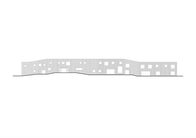 Elevation drawing showing the undulating facade with scattered window openings across the terrain