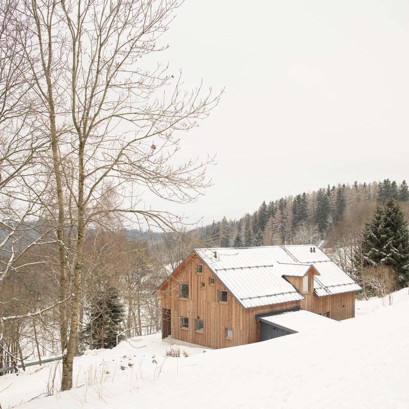 Timber-clad volumes with snow-covered gable roofs nestled on a hillside among bare winter trees