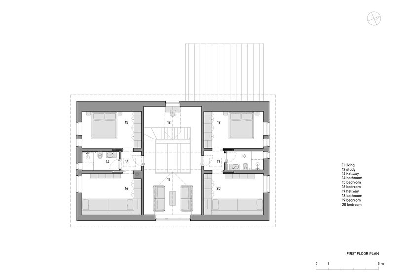 First floor plan drawing showing symmetrical bedrooms flanking a central staircase with roof terrace above