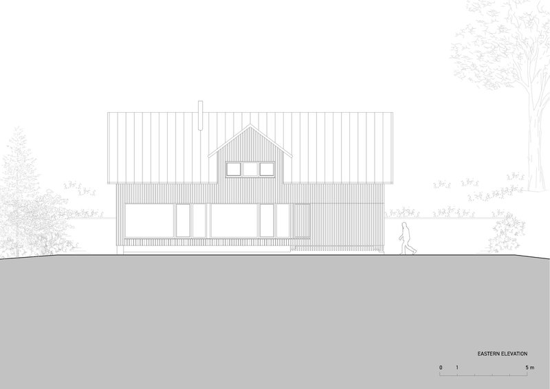 Eastern elevation drawing showing gabled facade with vertical cladding, punched windows and walking figure