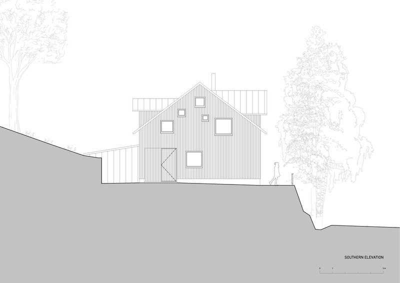Southern elevation drawing showing a gabled house with vertical cladding on sloping terrain with trees