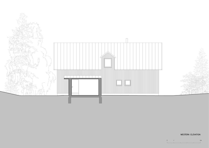 Western elevation drawing showing a barn-like volume with covered porch and dormer window flanked by vegetation