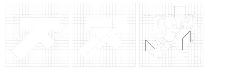 Plan view drawing depicting building footprints and surrounding trees on a grid