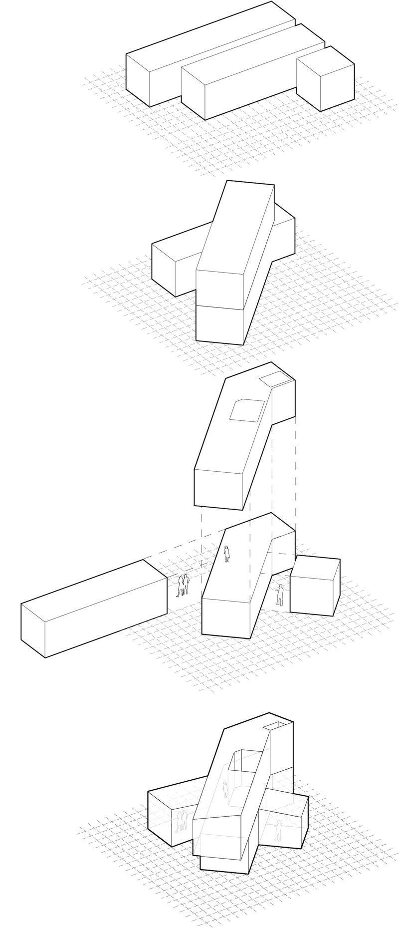 Isometric diagram sequence illustrating the massing transformations of interlocking rectangular volumes