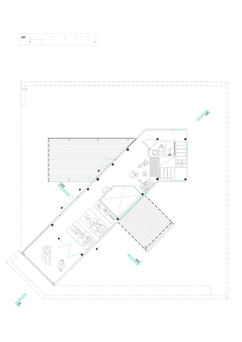 Upper floor plan drawing with splayed wings and central staircase connecting rooms