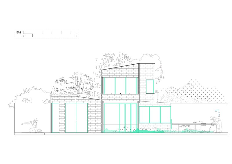 Elevation drawing showing the two-storey facade with brick cladding and figures beneath trees