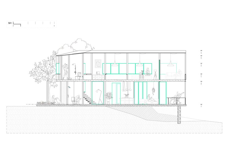 Section drawing showing two-story glass-walled house with internal staircase and tree to the left