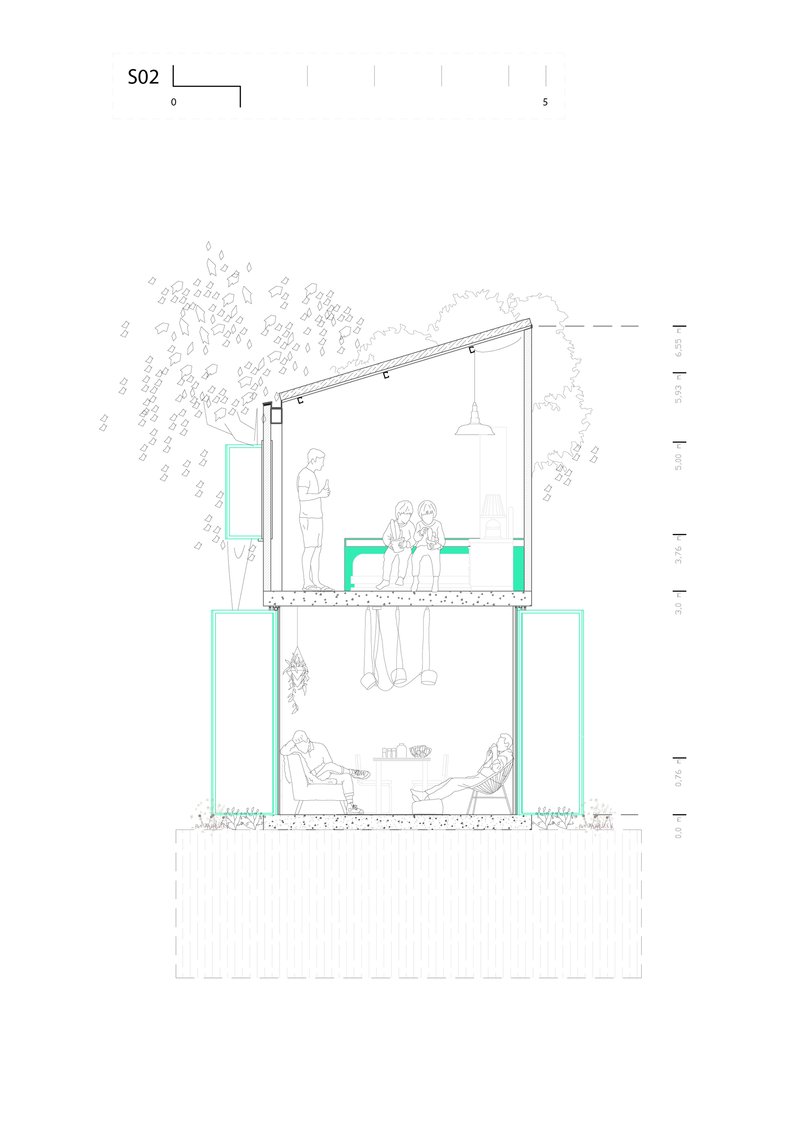 Section drawing showing double-height space with sloped roof, figures on upper deck and lower level