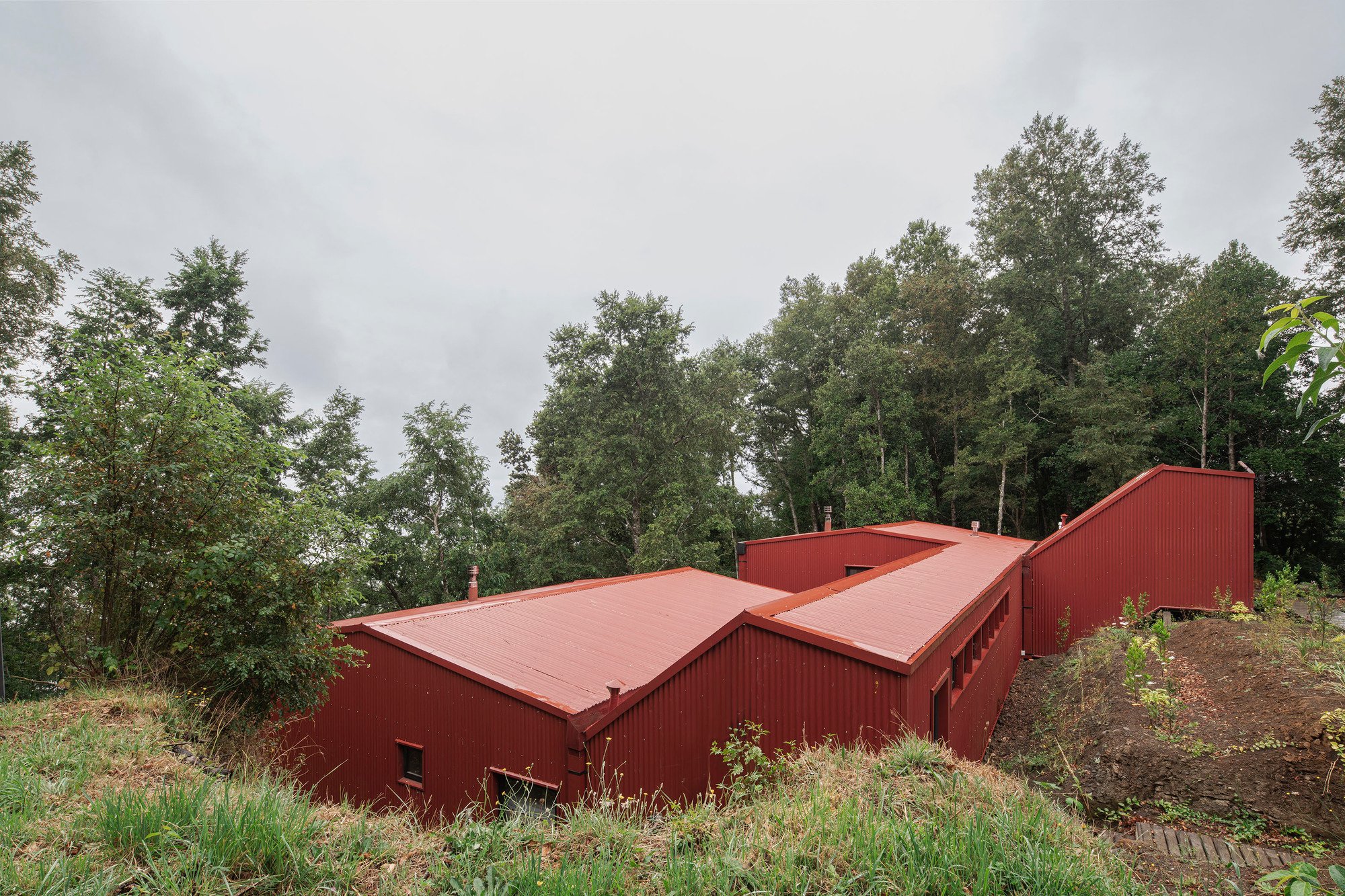 Estudio Diagonal Terraces a Red Steel Refuge into a Chilean Rainforest Hillside