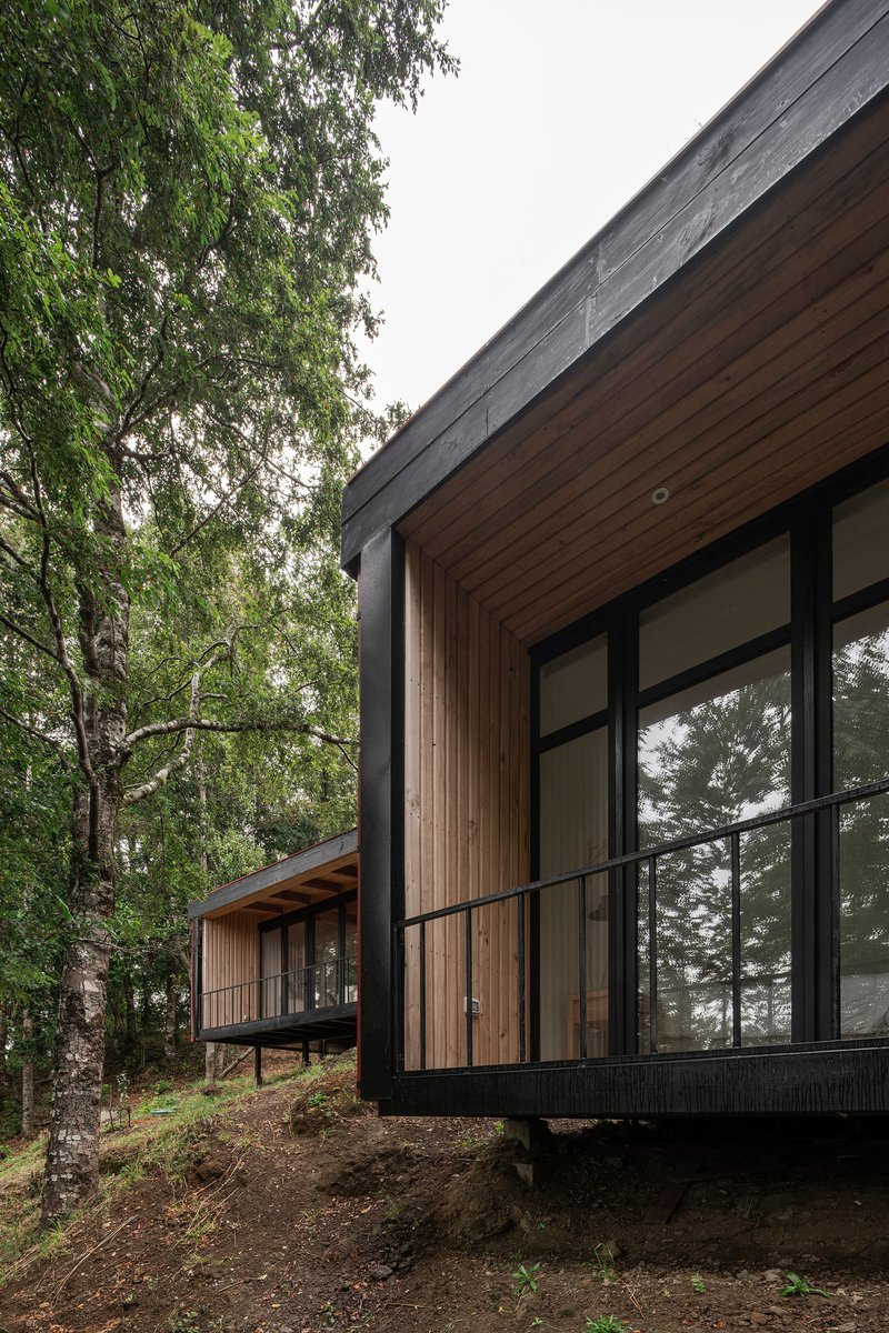 Exterior corner showing the vertical timber cladding and metal fascia meeting the elevated steel railing